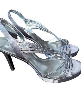 Michael Shannon Silver Open Toe Ankle Strap sling back High Heels Crystals SZ 10